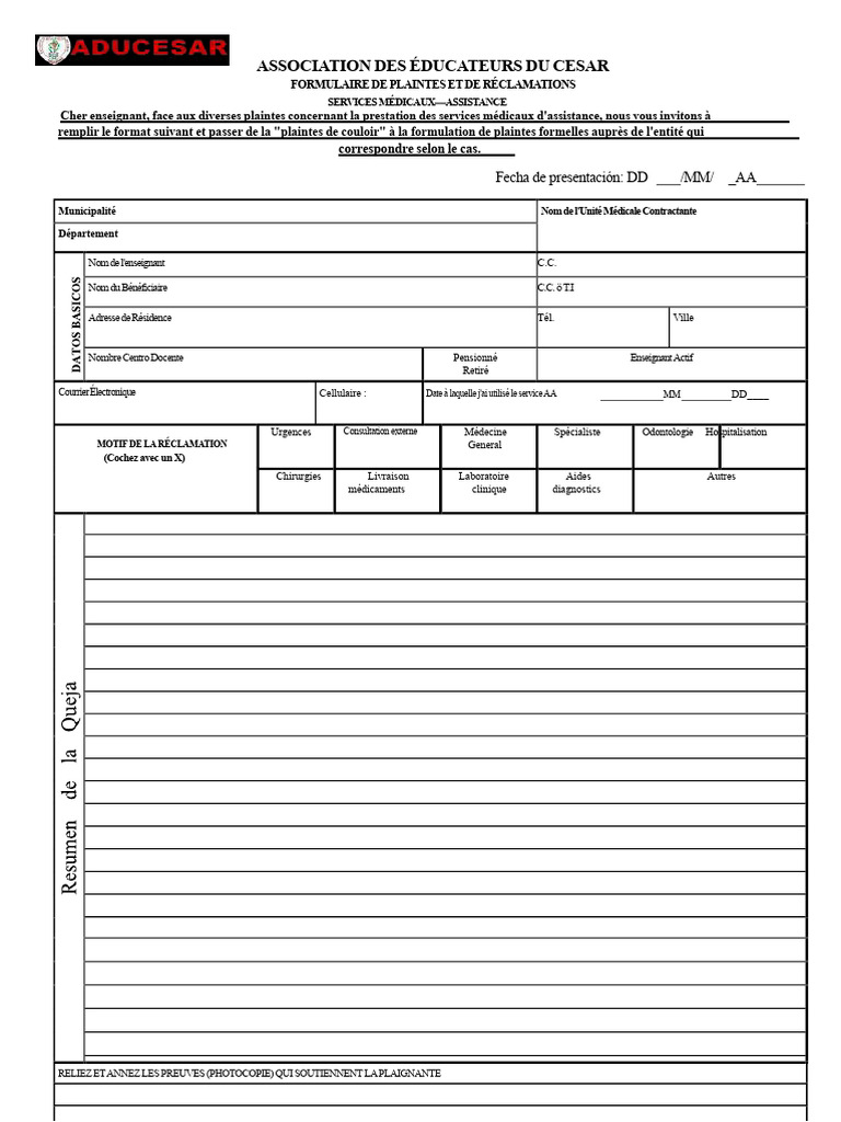 Formulaire de Réclamations Médicales | PDF