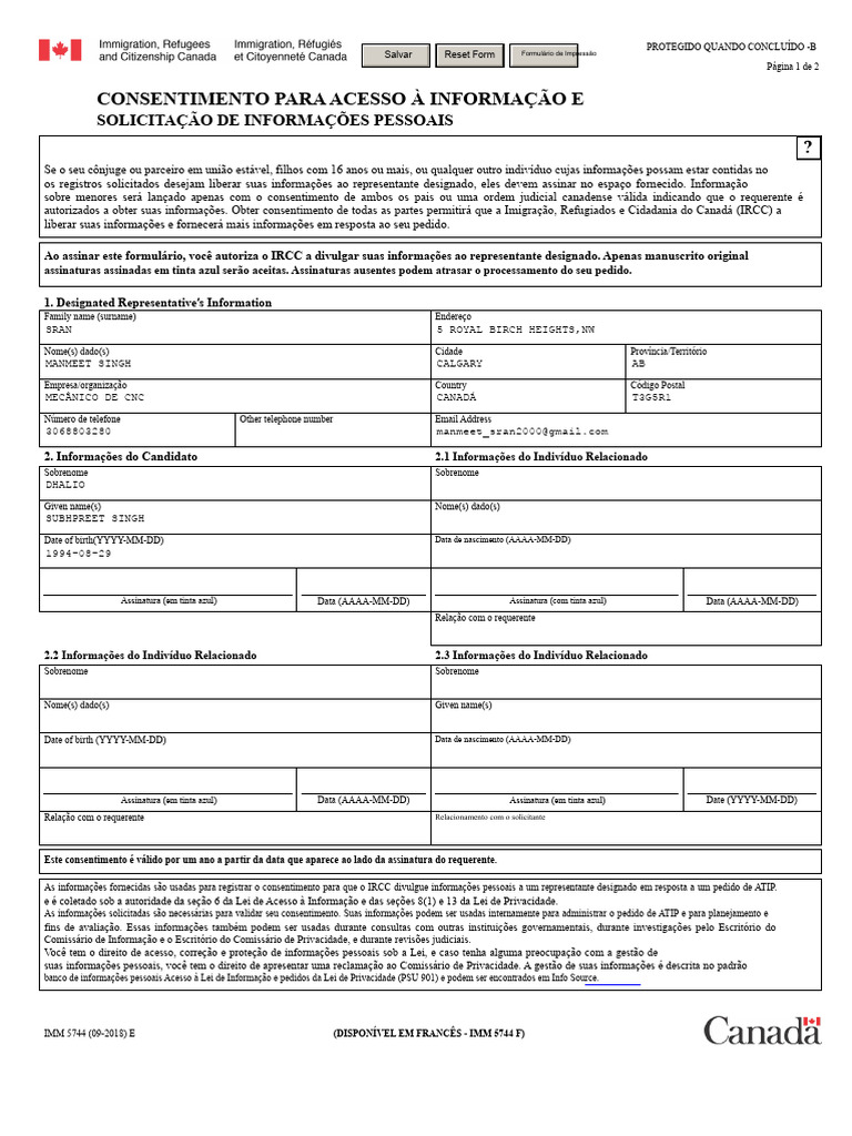 Consentimento para Acesso à Informação IRCC | PDF