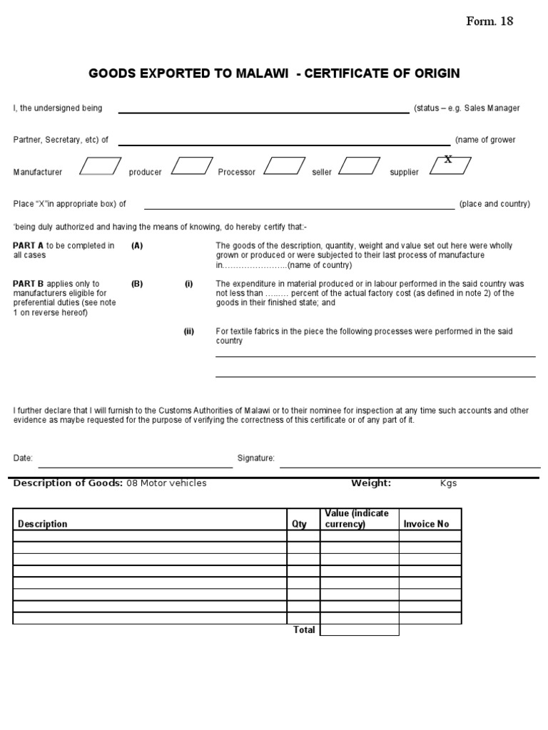 Certificate of Origin for Goods Exported to Malawi | Cost | Trade
