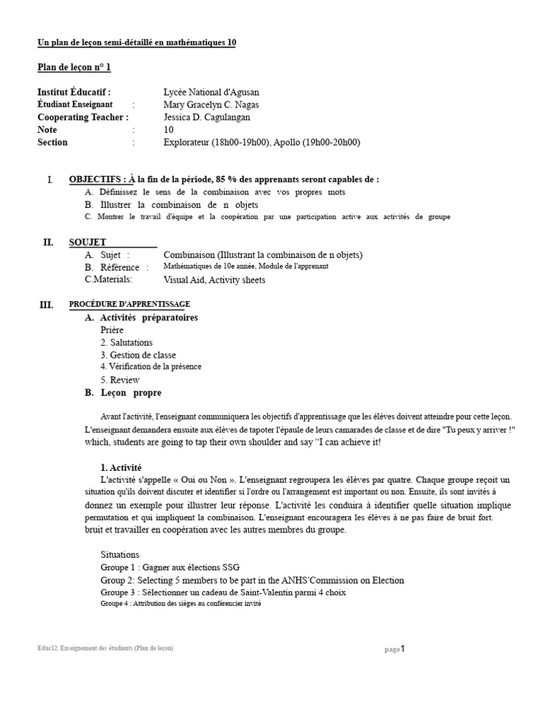 Plan de leçon sur les combinaisons en maths 10 | PDF