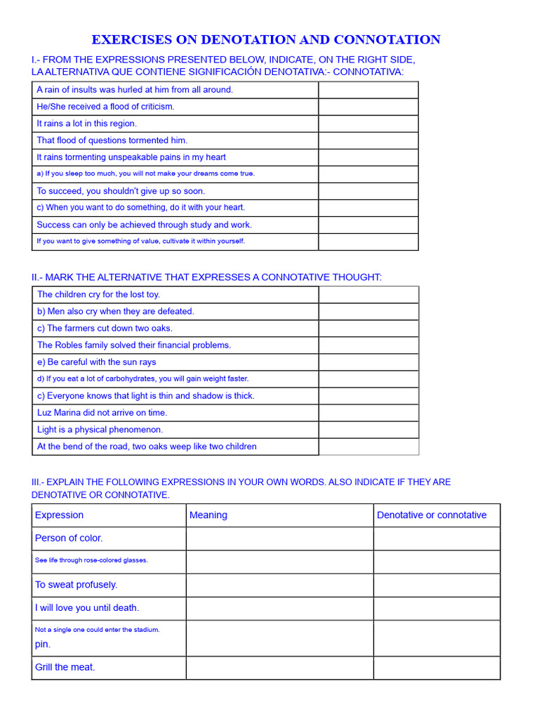 Denotation and Connotation Exercises | PDF