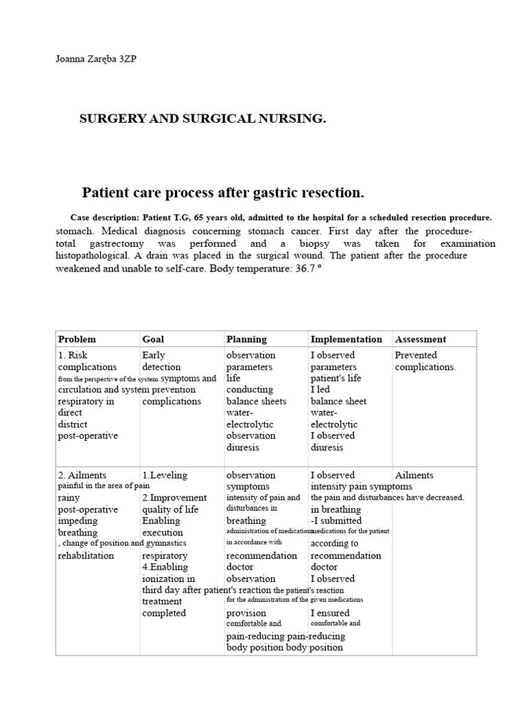 Post-Operative Care After Total Gastrectomy | PDF | Surgery | Patient