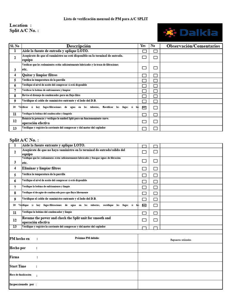 Checklist mensual para mantenimiento A/C Split | PDF | Electricidad ...