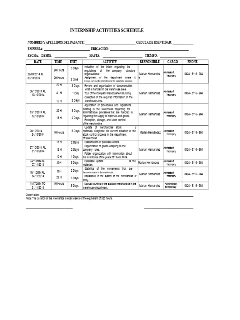 Internship Activities Schedule Template | PDF | Logistics