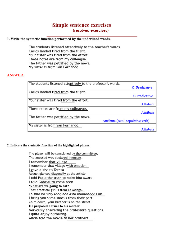 Syntactic Function Exercises Explained | PDF | Subject (Grammar ...