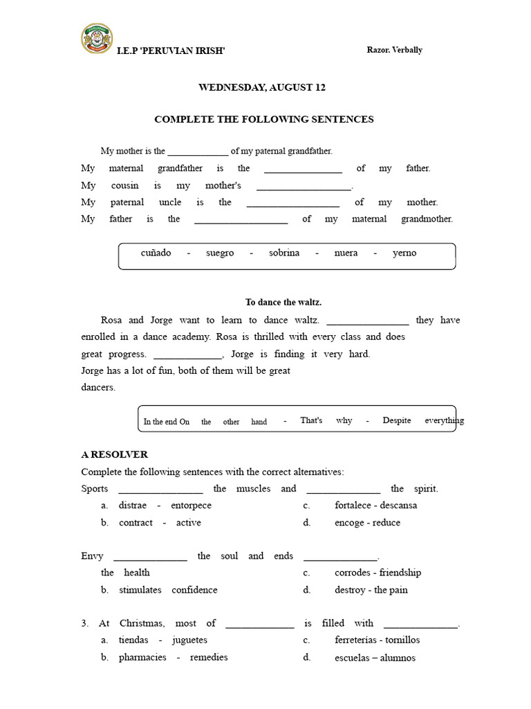 Verbal Reasoning Complete The Sentences. | PDF