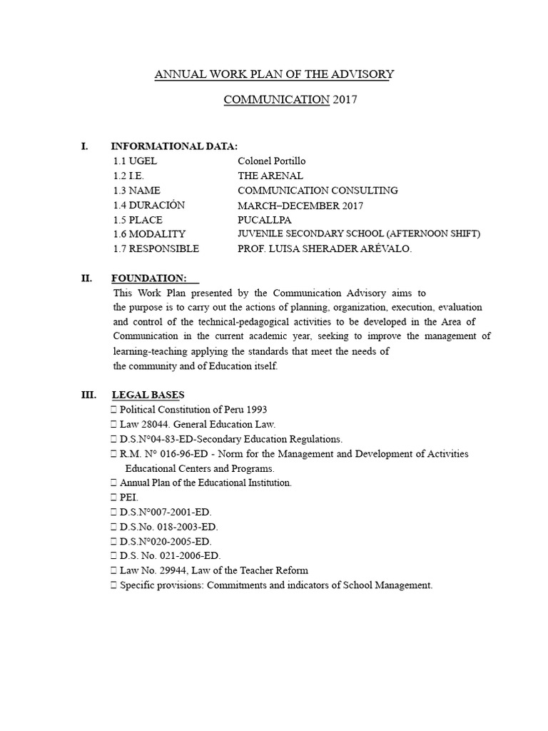 Annual Work Plan of The Communication Area-2012 | PDF | Learning ...