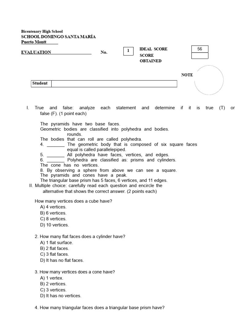 Geometric Bodies Test 4th Grade | PDF | Vertex (Geometry) | Geometric ...