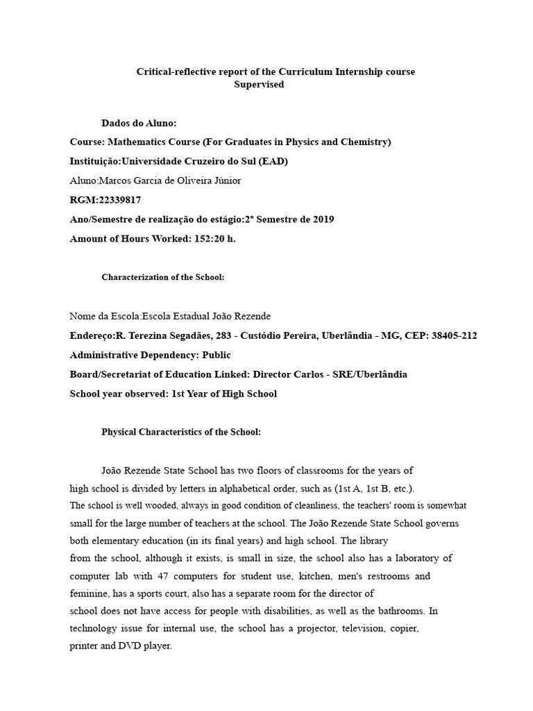internship critical report.docx | PDF | Teachers | Mathematics