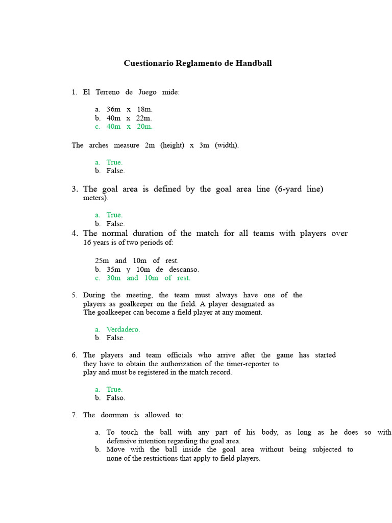 Cuestionario de Reglas de Handball | PDF | Ball Games | Sports