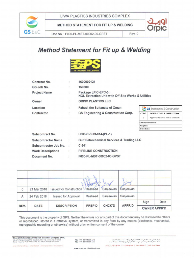 Method Statement for Welding Procedures | PDF | Welding | Construction