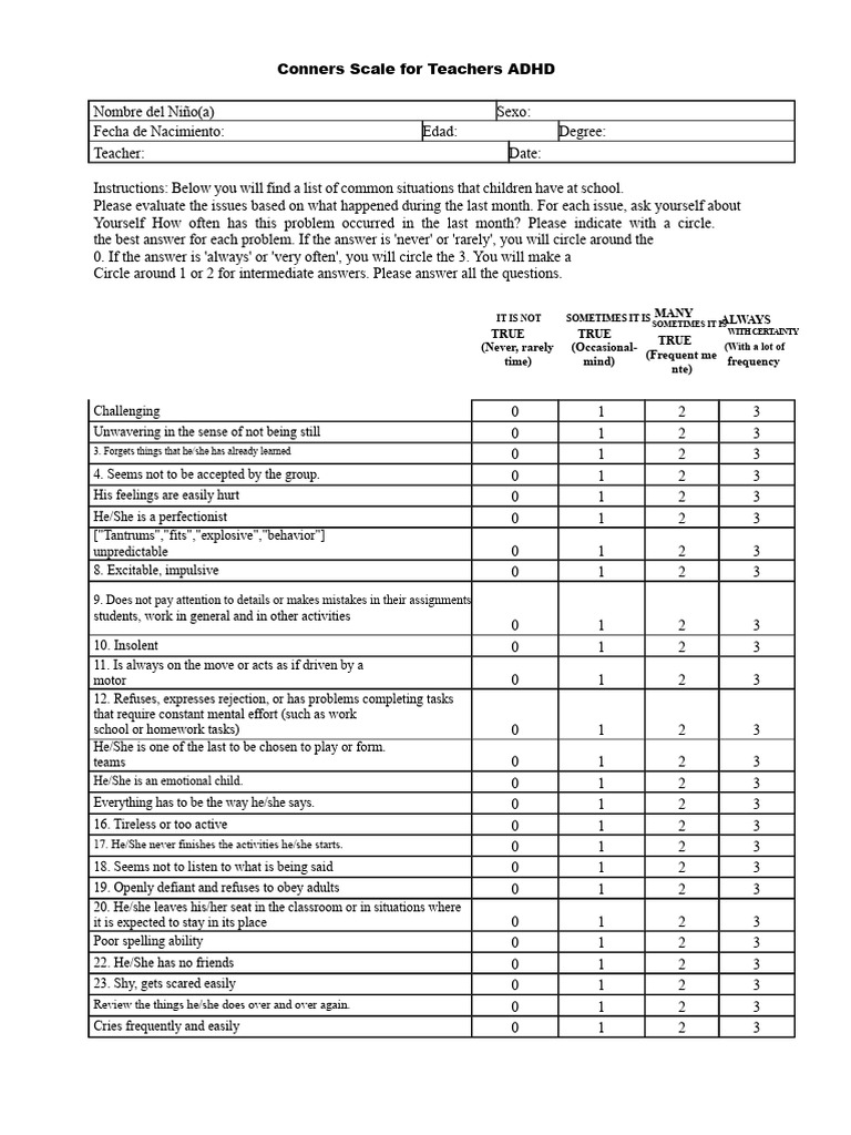 Conners Teacher Rating Scale | PDF | Attention Deficit Hyperactivity ...