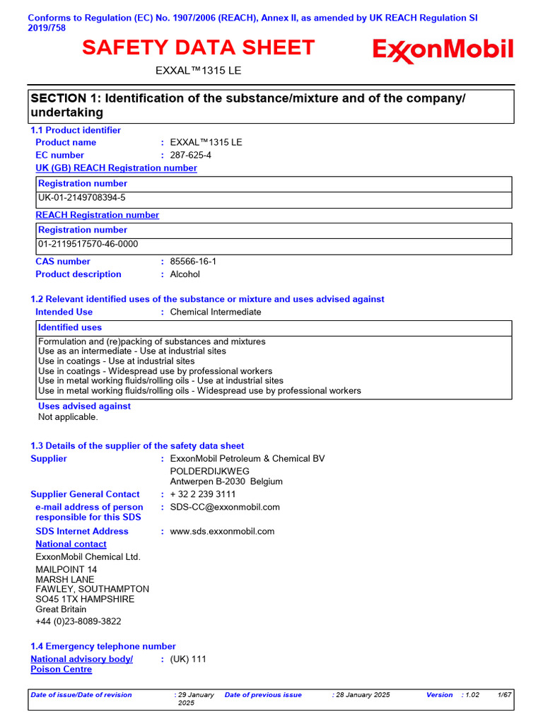 EXXAL™1315 LE Safety Data Sheet | PDF | Waste | Firefighter