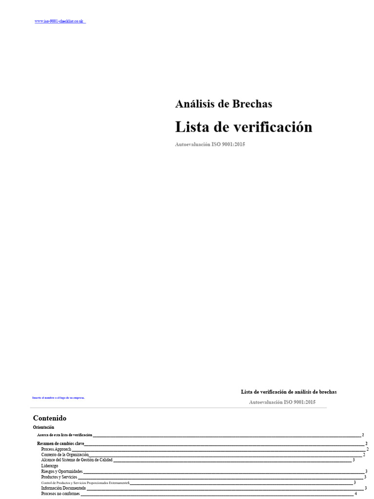 Lista de Verificación de Análisis de Brechas ISO 9001:2015 - Muestra XX ...