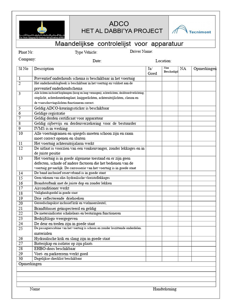 Apparatuur Maandelijkse Inspectie Checklist | PDF