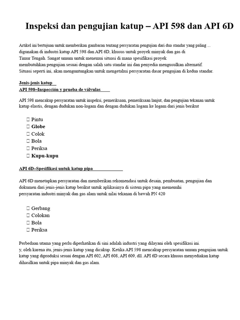 Inspeksi Dan Pengujian Katup - API 598 Vs API 6D PDF | PDF