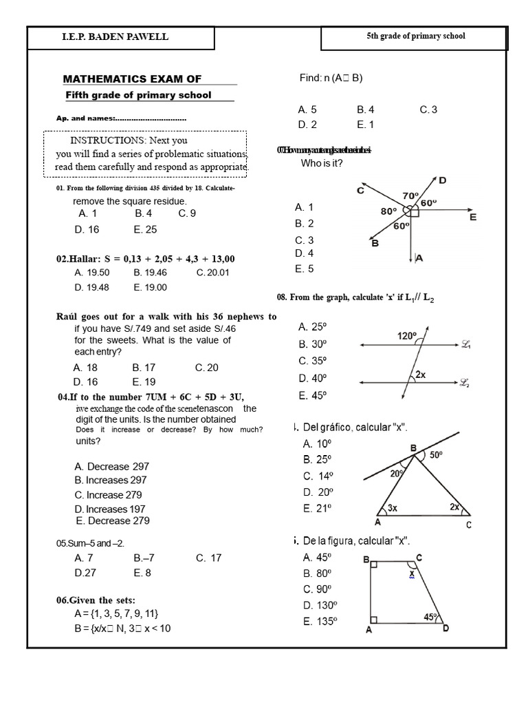 Fifth Grade Primary Mathematics Exam | PDF