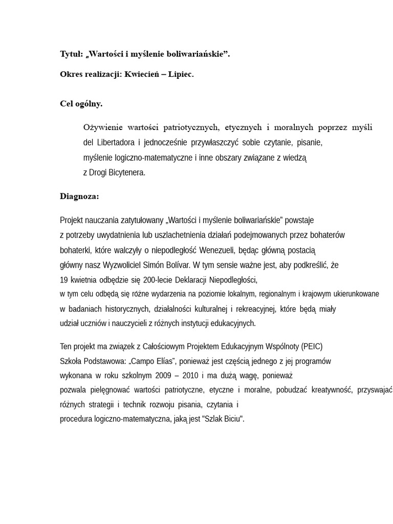 Projekt o Simonie Bolivara Z Nowym Programem Nauczania | PDF