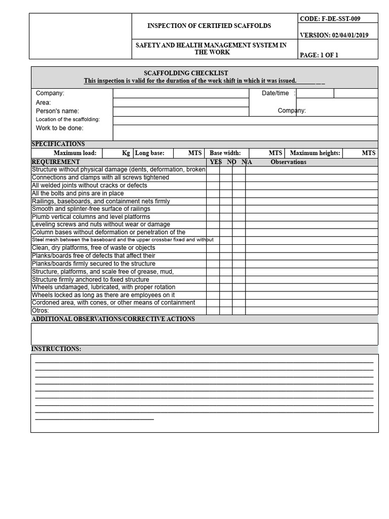 F-De-Sst-009 - Scaffold Inspection Certificate | PDF | Scaffolding | Screw
