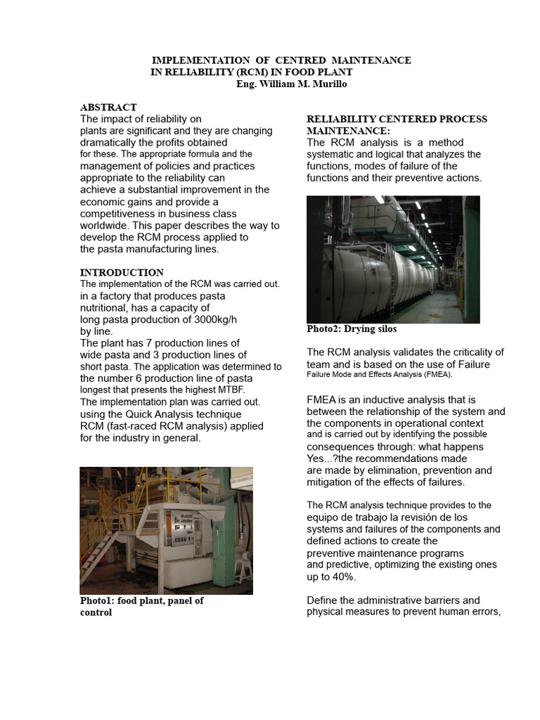 RCM Implementation in Food Plant Maintenance | PDF | Reliability ...