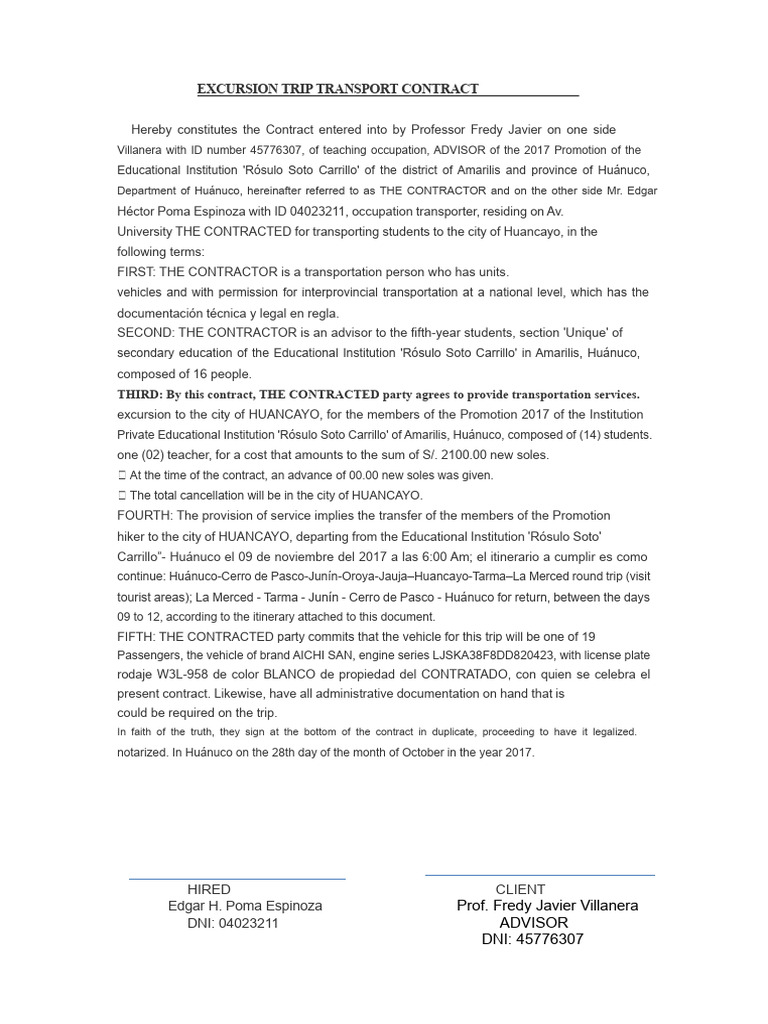Excursion Transport Contract for Students | PDF