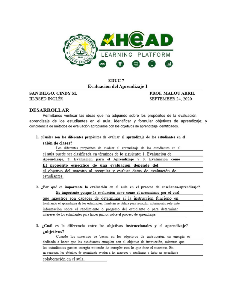 Educ 7-Sandiego | PDF | Evaluación | Aprendizaje