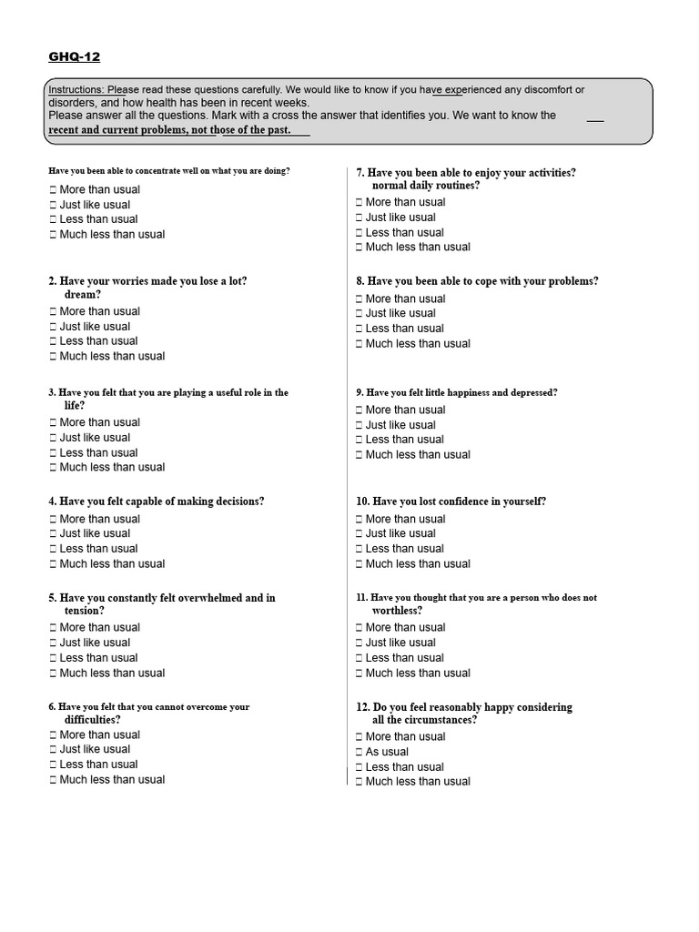 GHQ-12 Health and Wellbeing Survey | PDF | Mental Health | Psychology