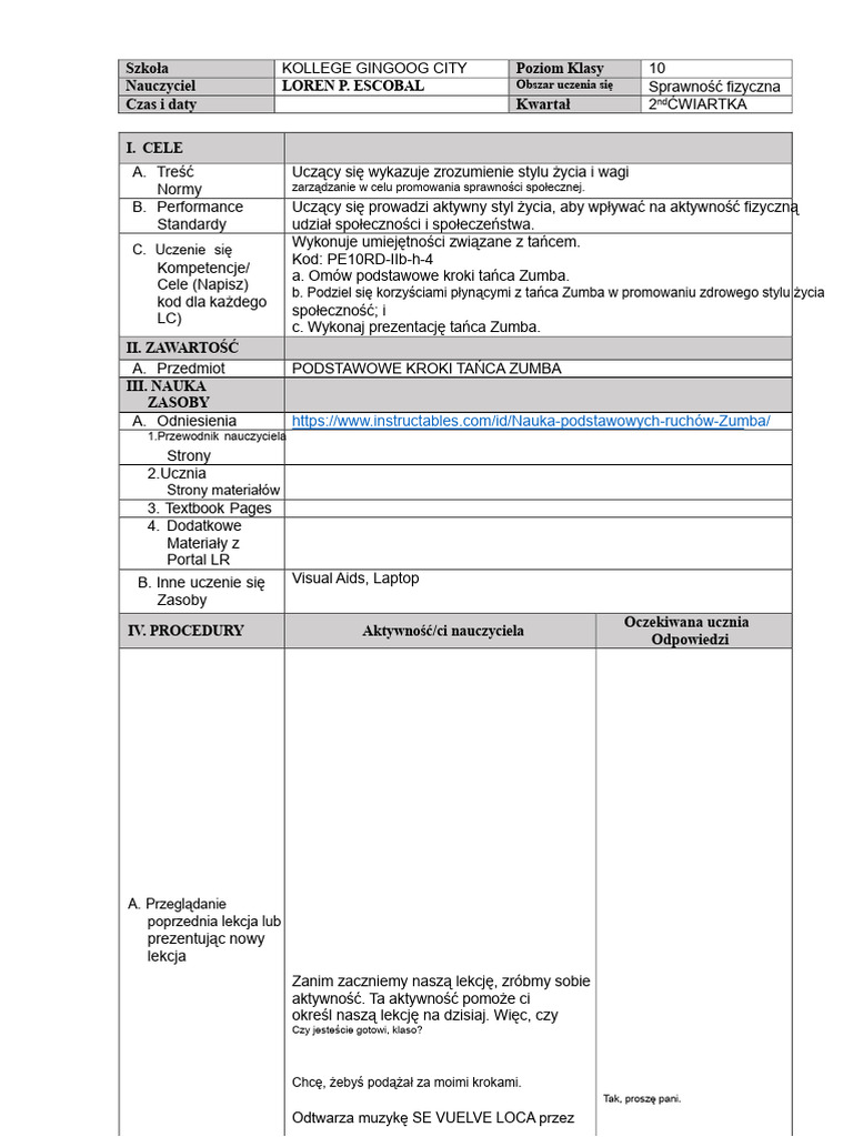 Plan Lekcji Zumba | PDF