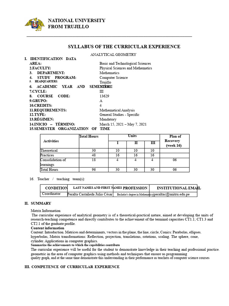 Syllabus of Analytical Geometry | PDF | Matrix (Mathematics) | Sphere