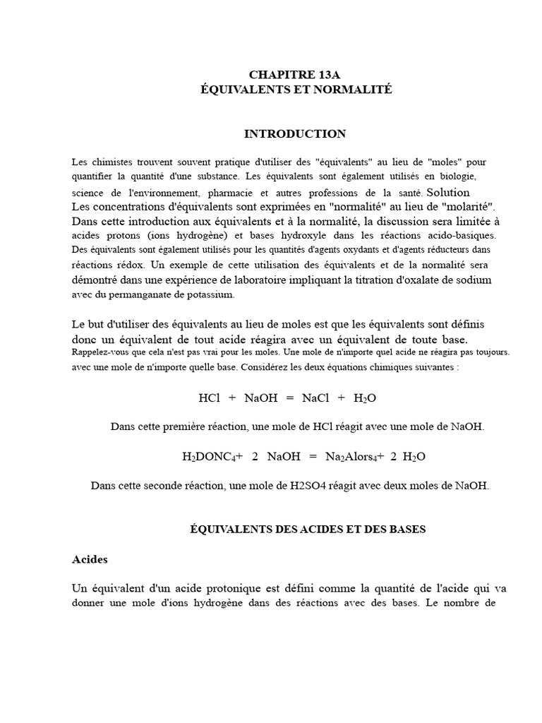 Équivalents et Normalité en Chimie | PDF | Acide | Acide chlorhydrique