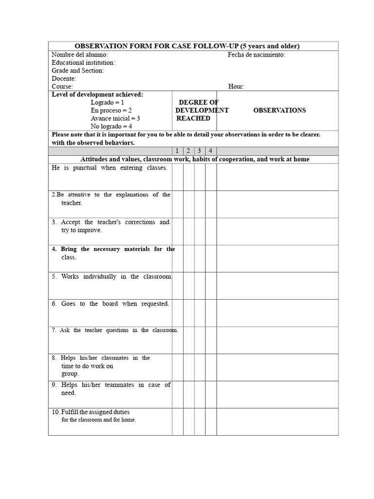 Case Follow-Up Observation Form | PDF | Teachers | Cognition
