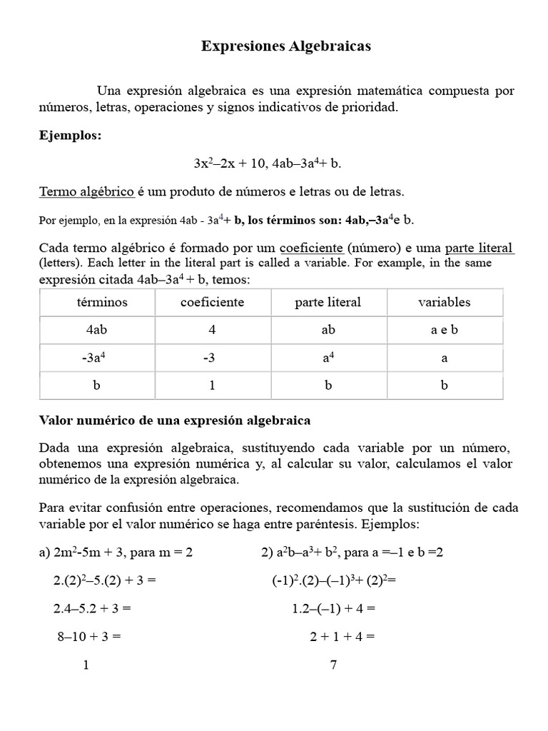 Introducción a las Expresiones Algebraicas | PDF | Fórmula | Análisis ...