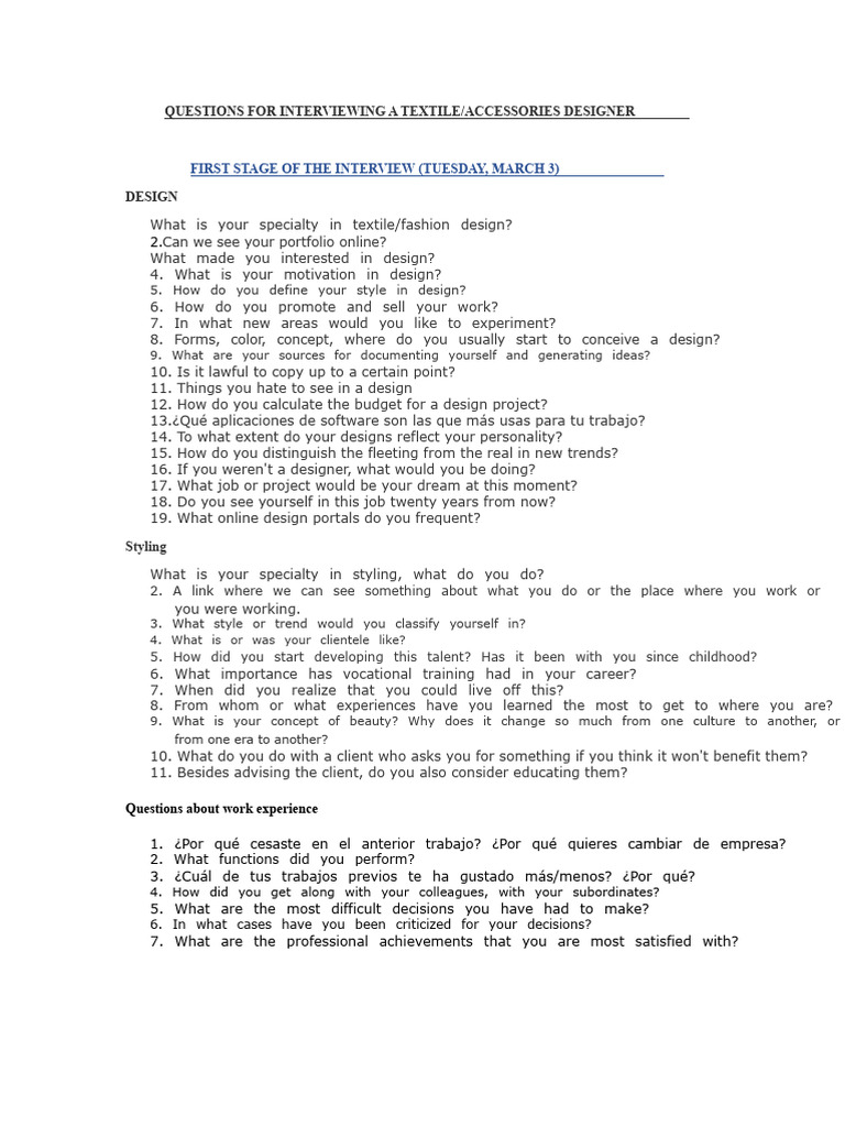 Questions for Textile Designer Interview | PDF | Social Psychology ...
