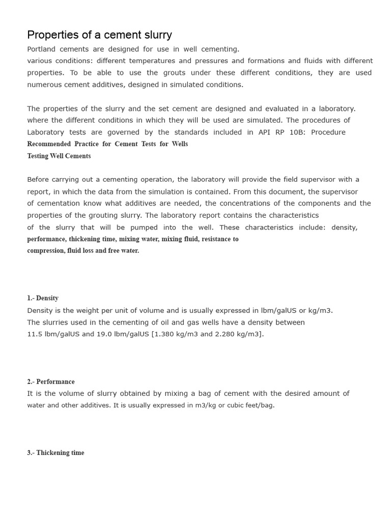Cement Slurry Properties for Well Cementing | PDF | Rheology | Density