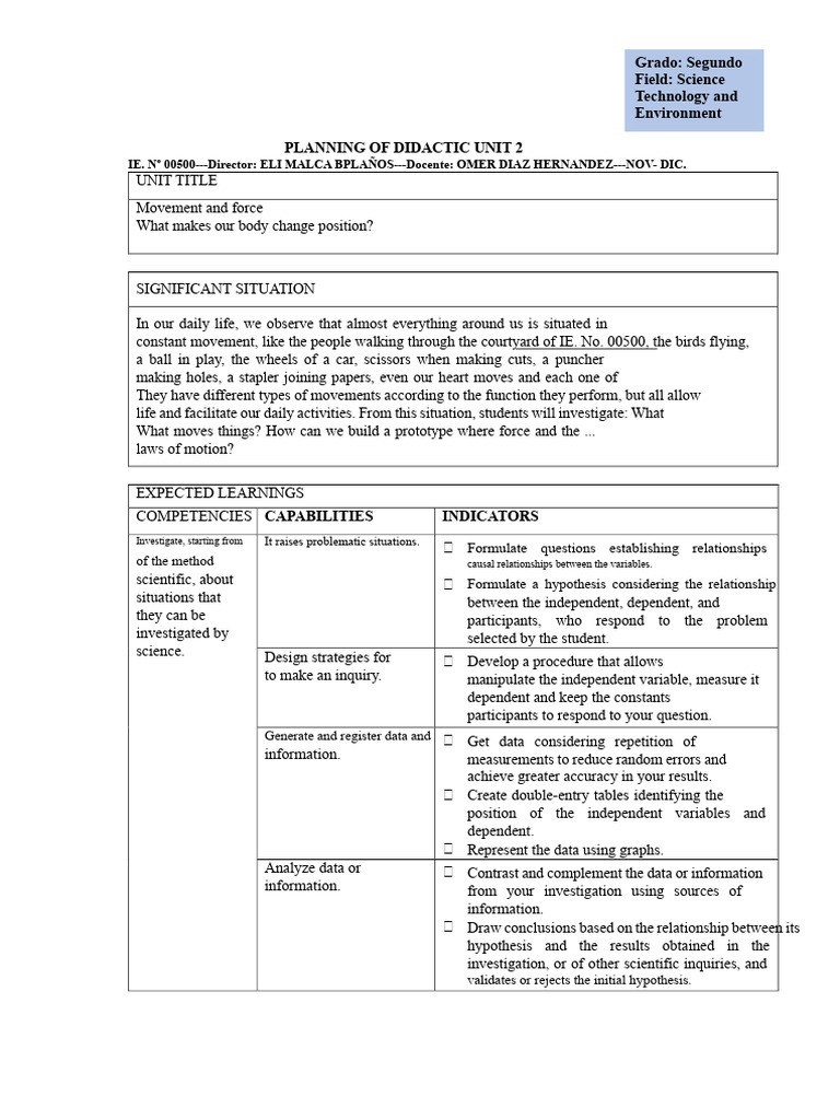 Movement and Force Didactic Unit Plan | PDF | Knowledge | Hypothesis