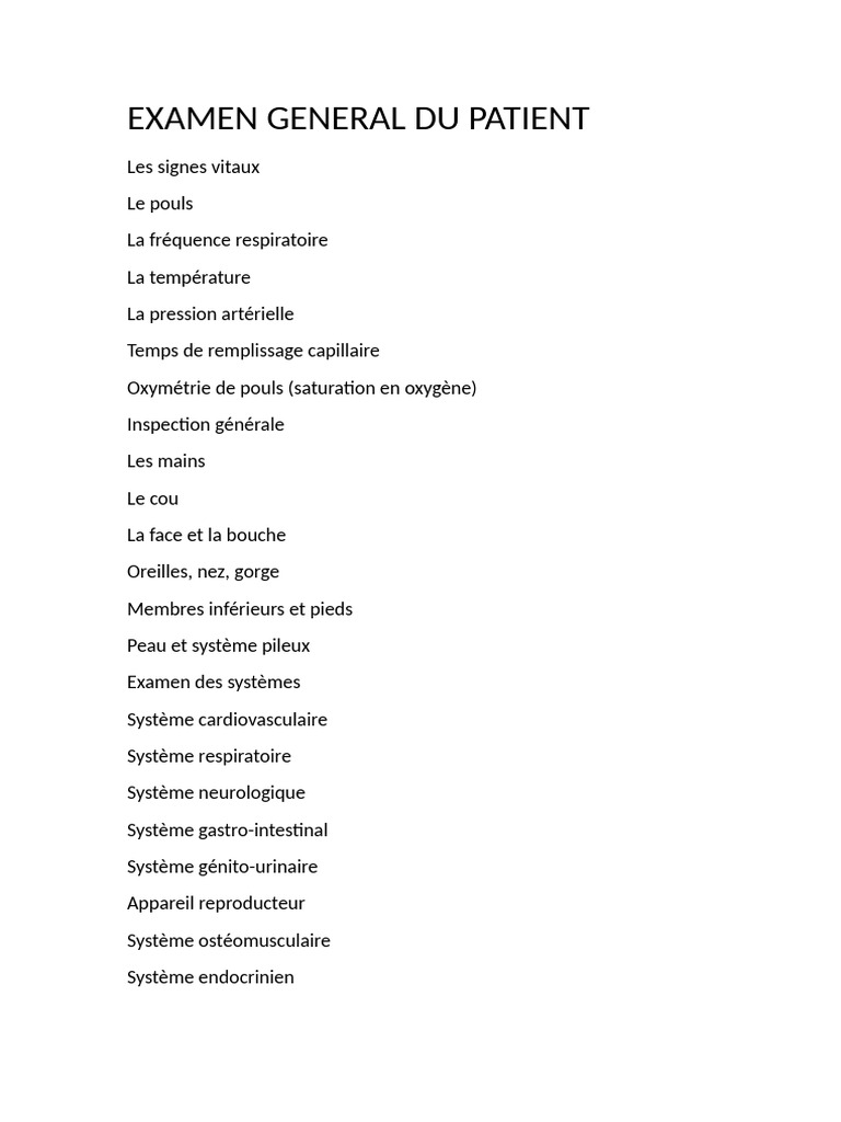 Examen général du patient : signes vitaux et systèmes | PDF