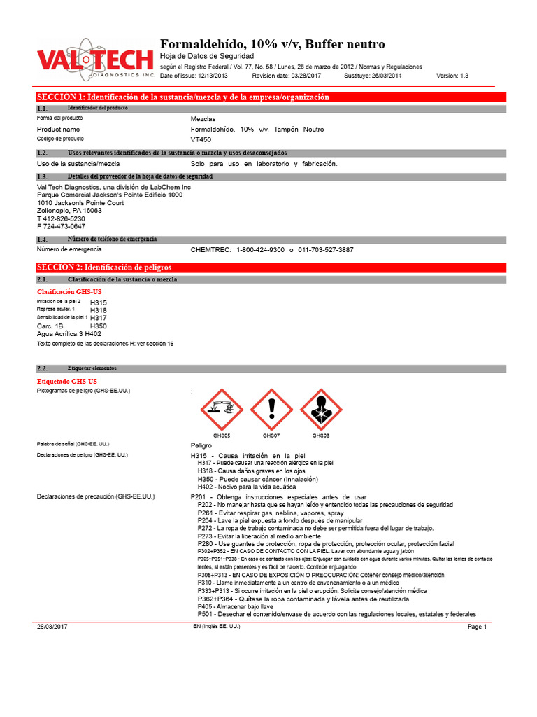 Hoja de Seguridad: Formaldehído 10% v/v | PDF | Química