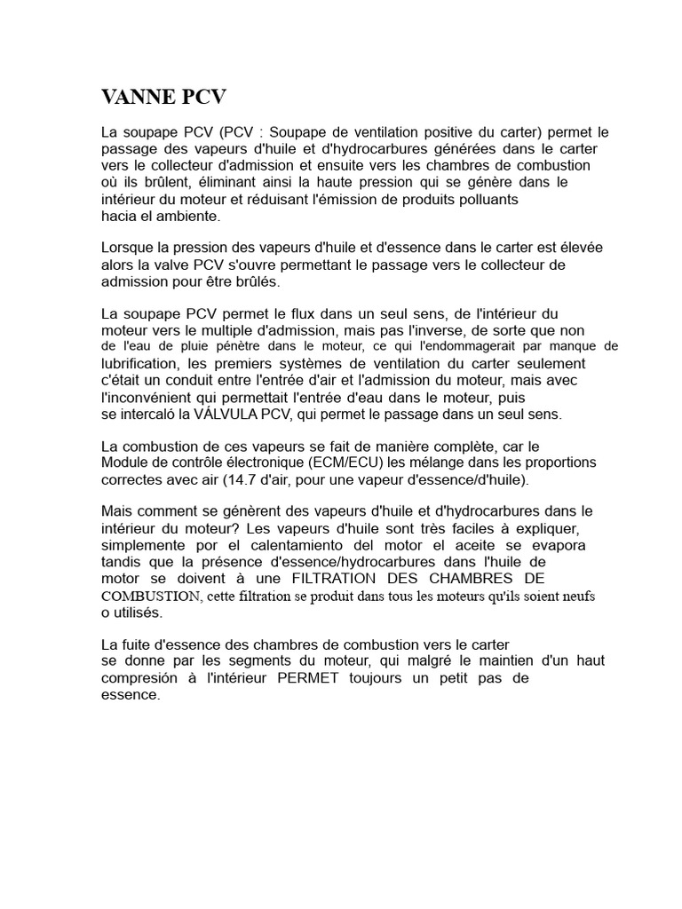 Fonctionnement et défaillances de la soupape PCV | PDF | Moteurs ...