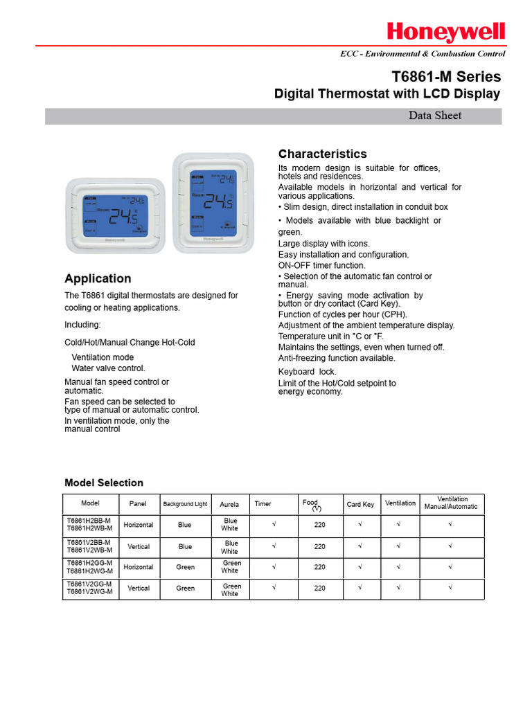 T6861 Digital Thermostat Data Sheet | PDF | Thermostat | Switch