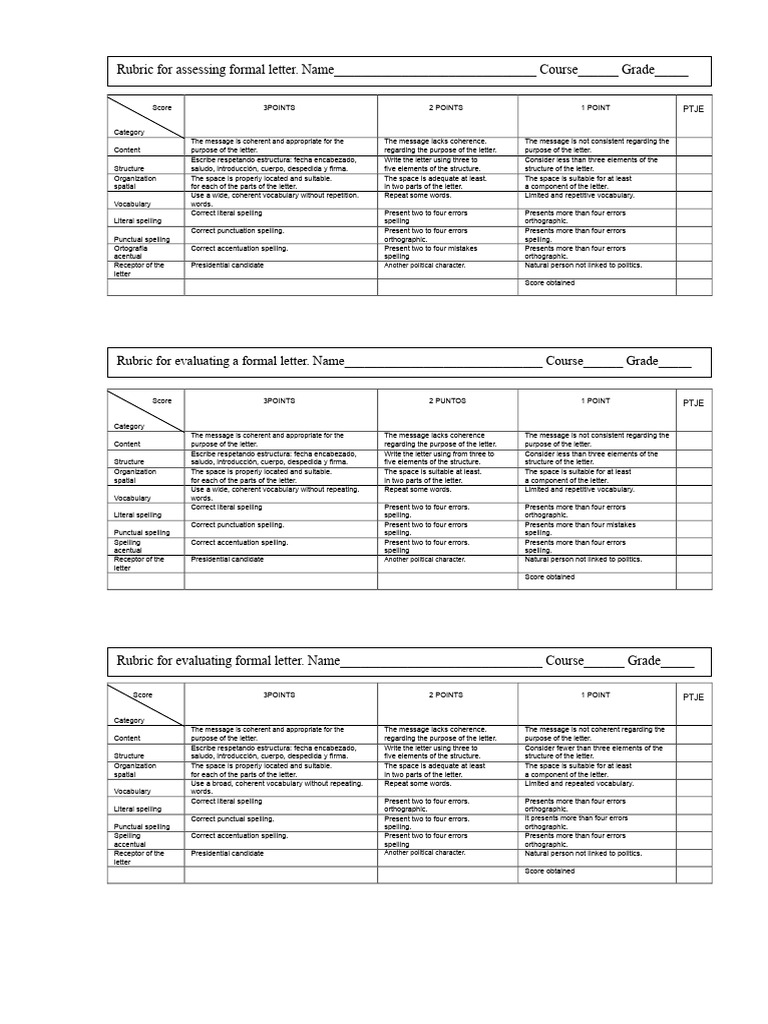 Rubric For Evaluating A Formal Letter | PDF | Spelling | Orthography