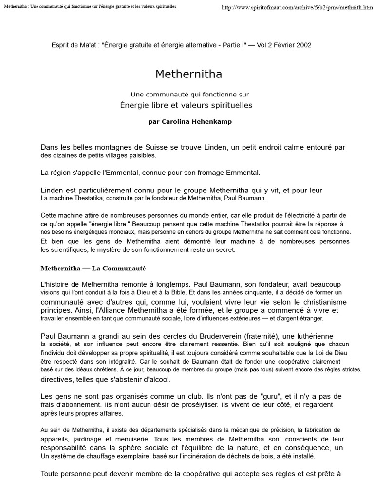 Methernitha : Énergie libre et spiritualité | PDF | Liberté | Science