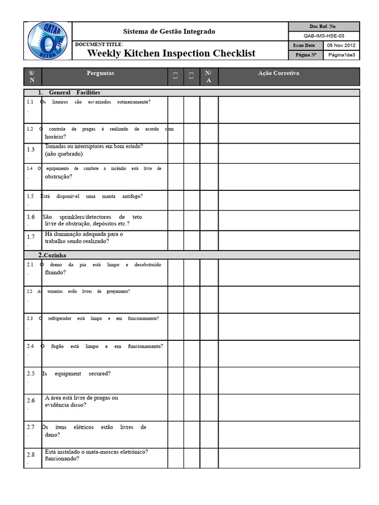 Checklist Semanal de Inspeção de Cozinha | PDF