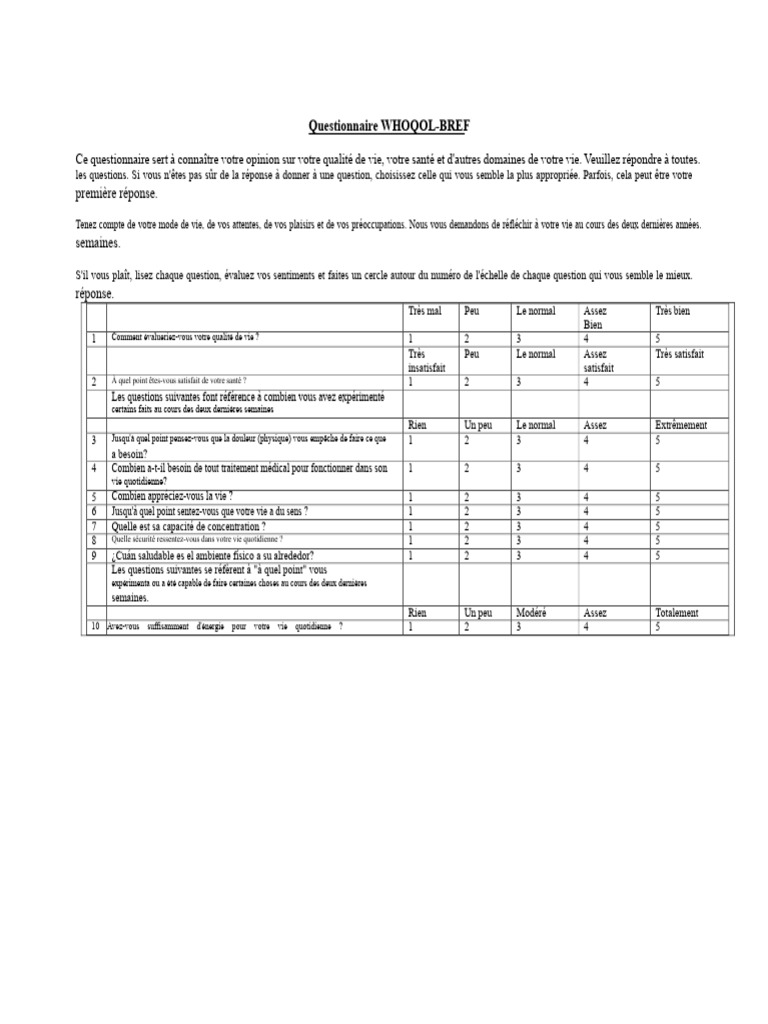Questionnaire WHOQOL-BREF sur la qualité de vie | PDF | Bien-être ...