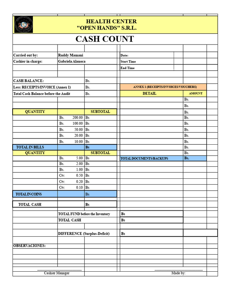 Cash Count Report for Open Hands S.R.L. | PDF | Invoice | Accounting
