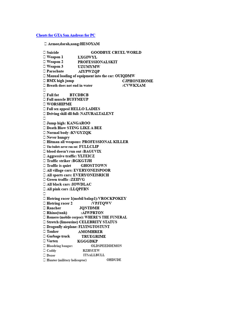GTA San Andreas Cheats | PDF | Transport | Vehicles