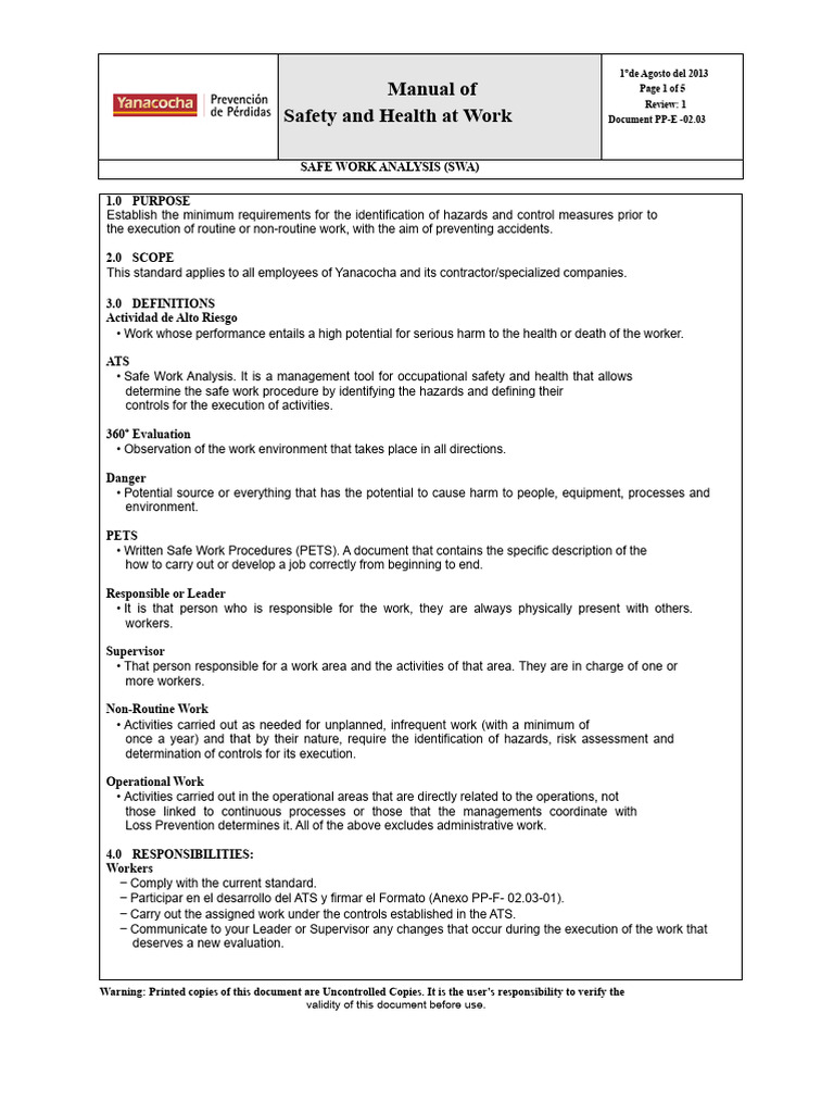 PP-E 02.03 Safe Work Analysis (SWA) | PDF | Occupational Safety And ...