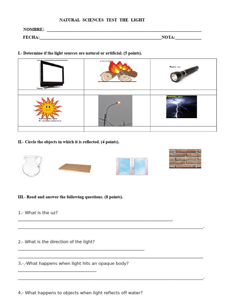 Light Sources and Reflection Test | PDF | Light | Reflection (Physics)