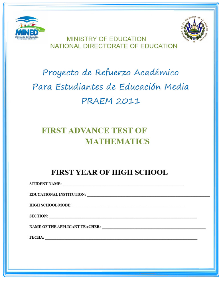 First Test Progress Mathematics First Year High School | PDF | Multiple ...