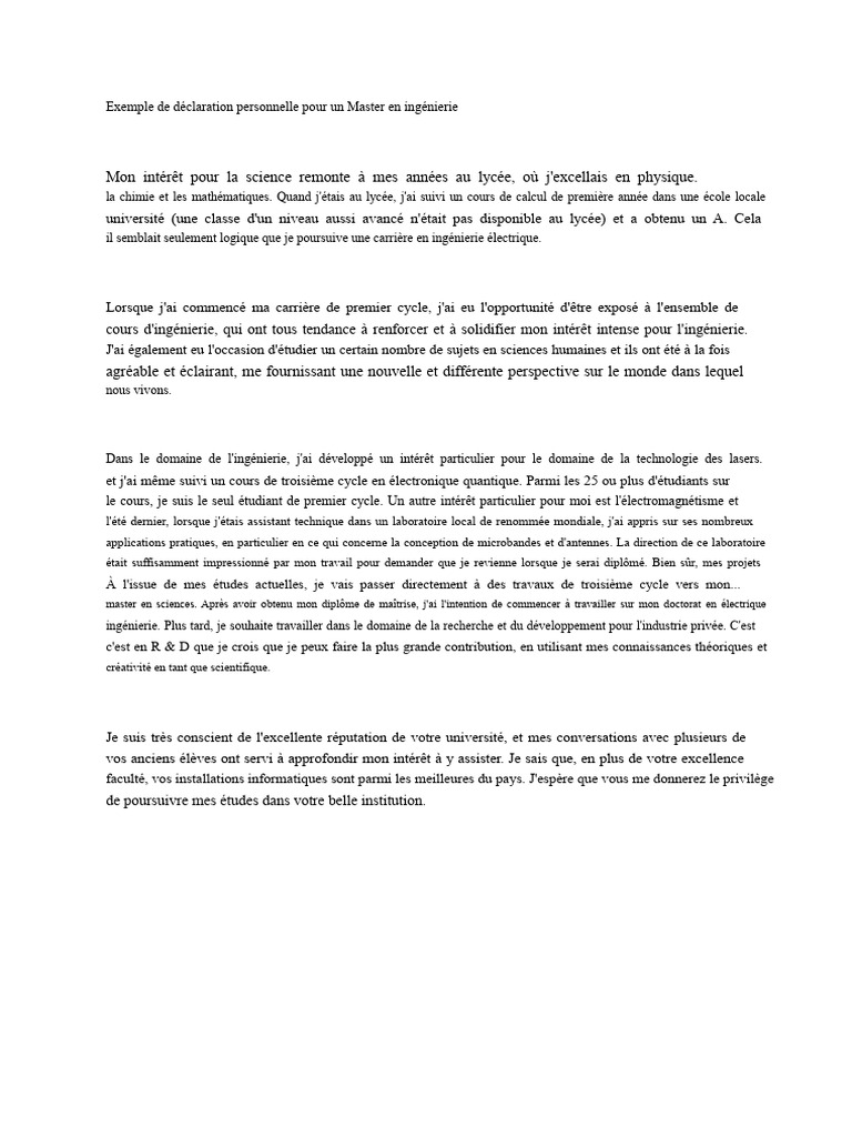 Déclaration personnelle pour Master en Ingénierie | PDF | Science ...