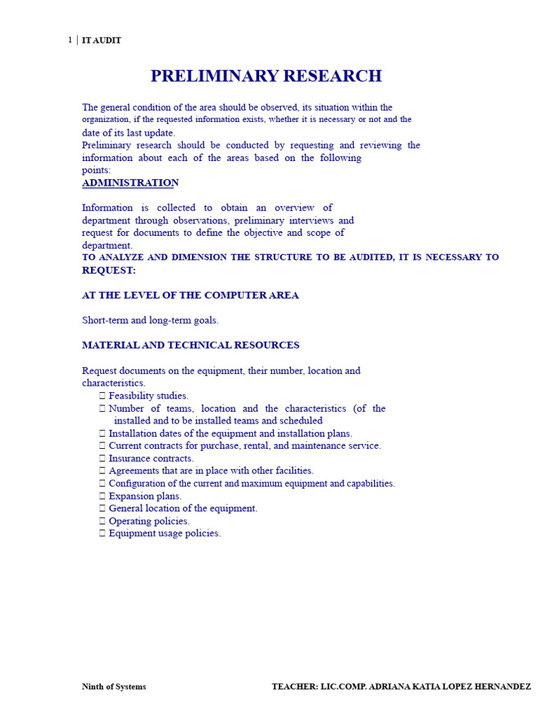 IT Audit Preliminary Research Guide | PDF | Audit | Information